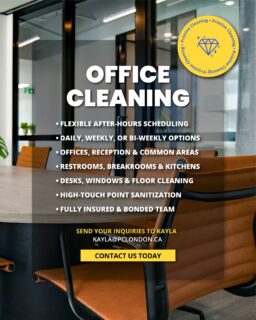 Looking for a reliable cleaning partner for your workspace? 🧼
We provide daily, weekly, and bi-weekly options to keep your reception areas, desks, and floors looking their best. We are fully insured, bonded, and ready to serve the London community and beyond.

#CleaningTips #LondonOntarioSmallBusiness #OfficeCleaning #CommercialCleaning